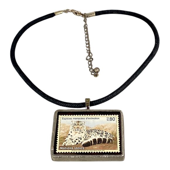 VTG Choker Necklace 14" Pendant UN 1993 Snow Leopard Stamp Cord Y2K Indie Boho - Picture 1 of 16